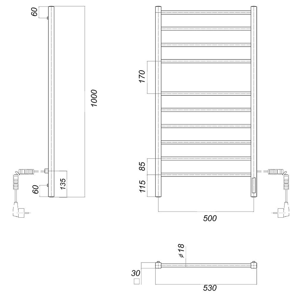 Полотенцесушитель электрический Куба черная П10 500x1000 ЧРН EK R
