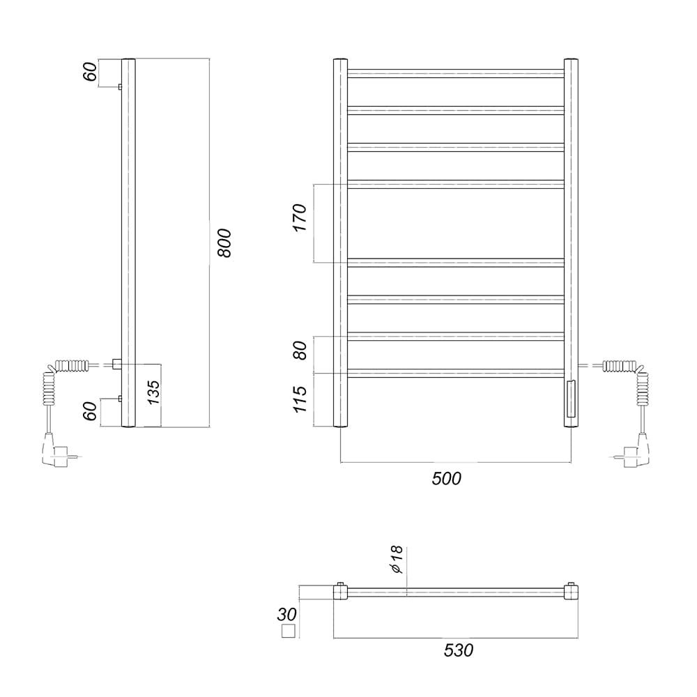 Полотенцесушитель электрический Куба П8 500x800 EK R с кабелем