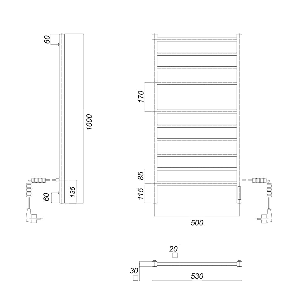 Полотенцесушитель электрический Квадро П10 500x1000 EK R с кабелем