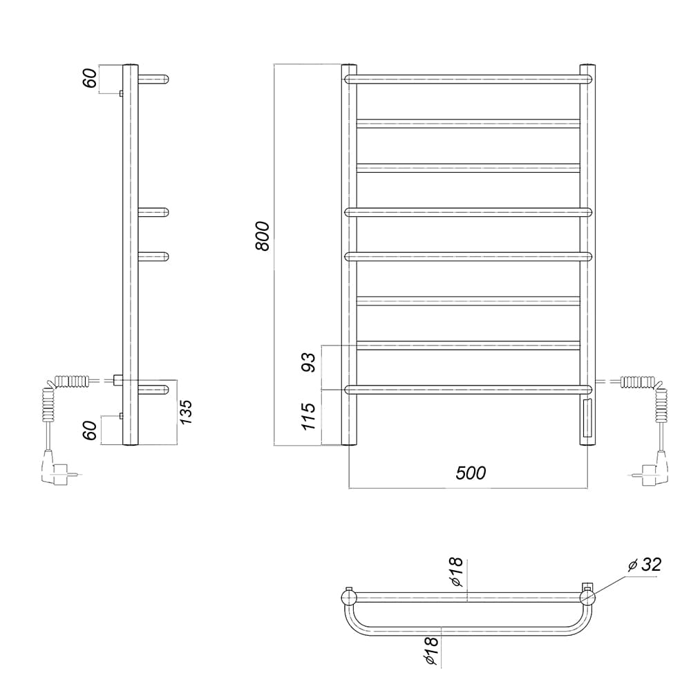 Полотенцесушитель электрический Орфей П8 500x800 EK R